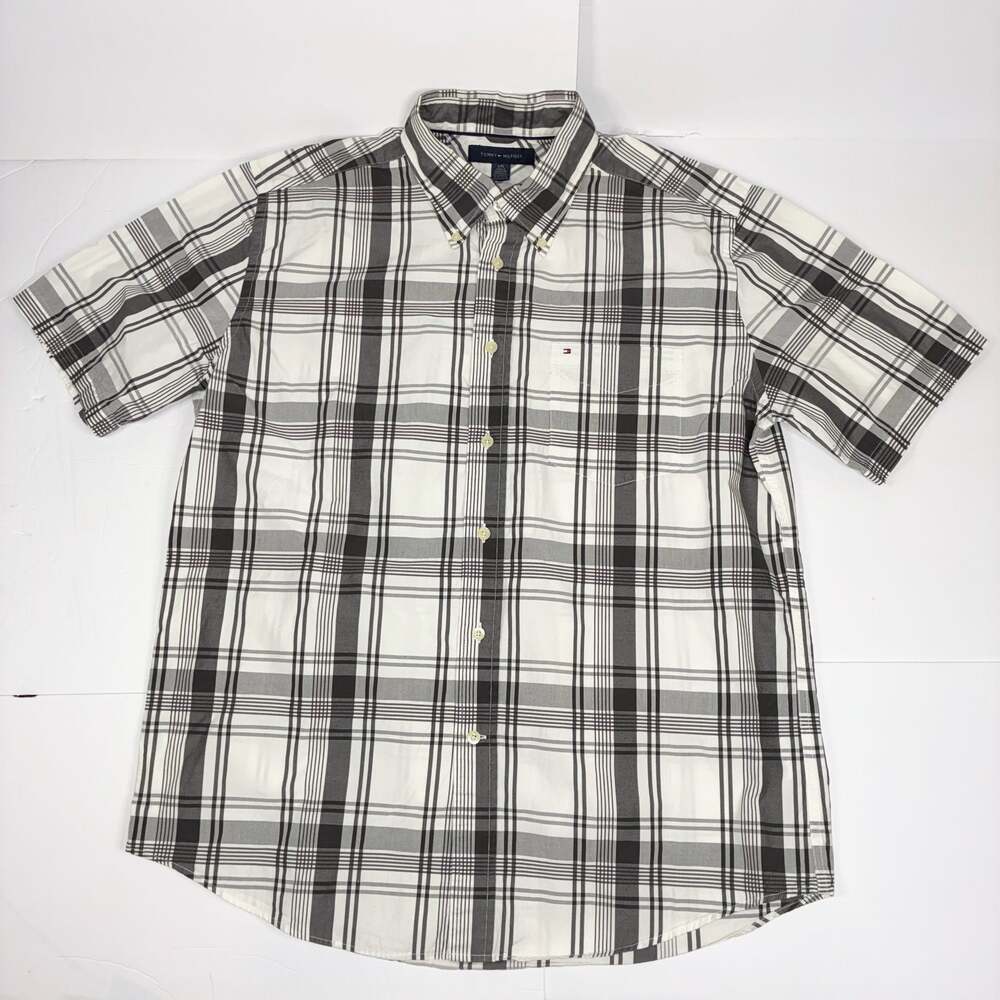 Tommy Hilfiger Men's Gray and White Plaid Short Sleeve Button-Down Shirt